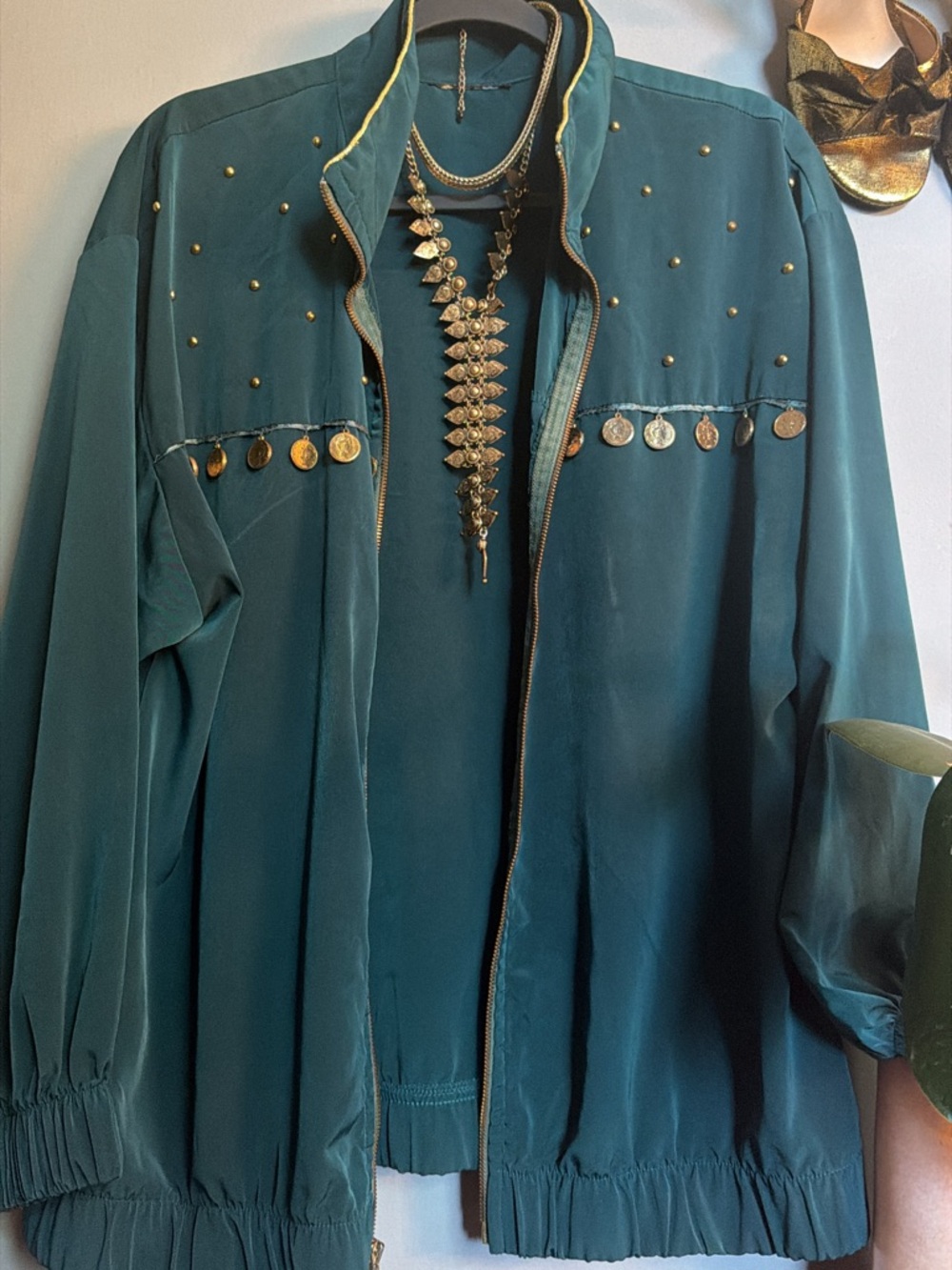 Vintage Forest Green Coin Embellished Statement Jacket | Draped Zip Front | L